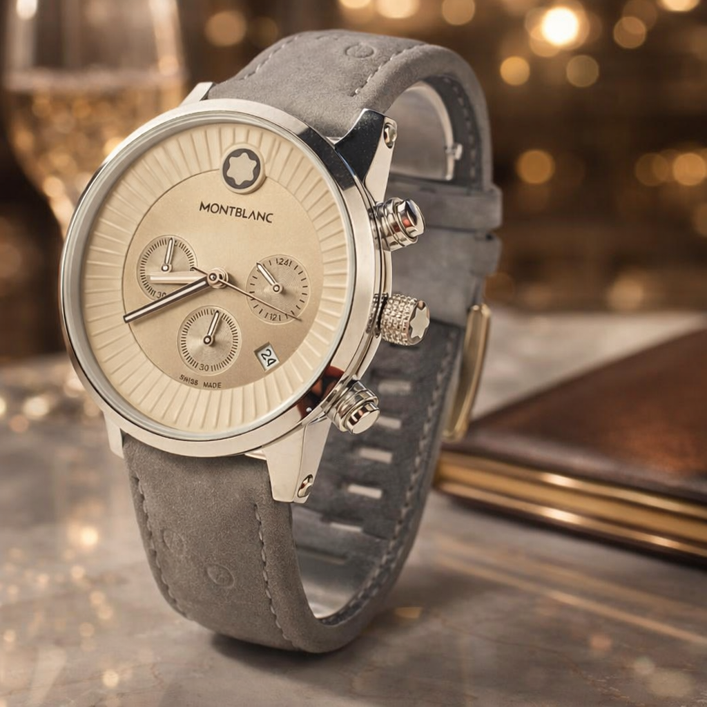 Relógio Montblanc Chronograph com pulseira cinza em ambiente elegante